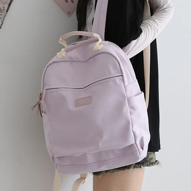 Solid Canvas Women Backpack Double Shoulder Travel Bag