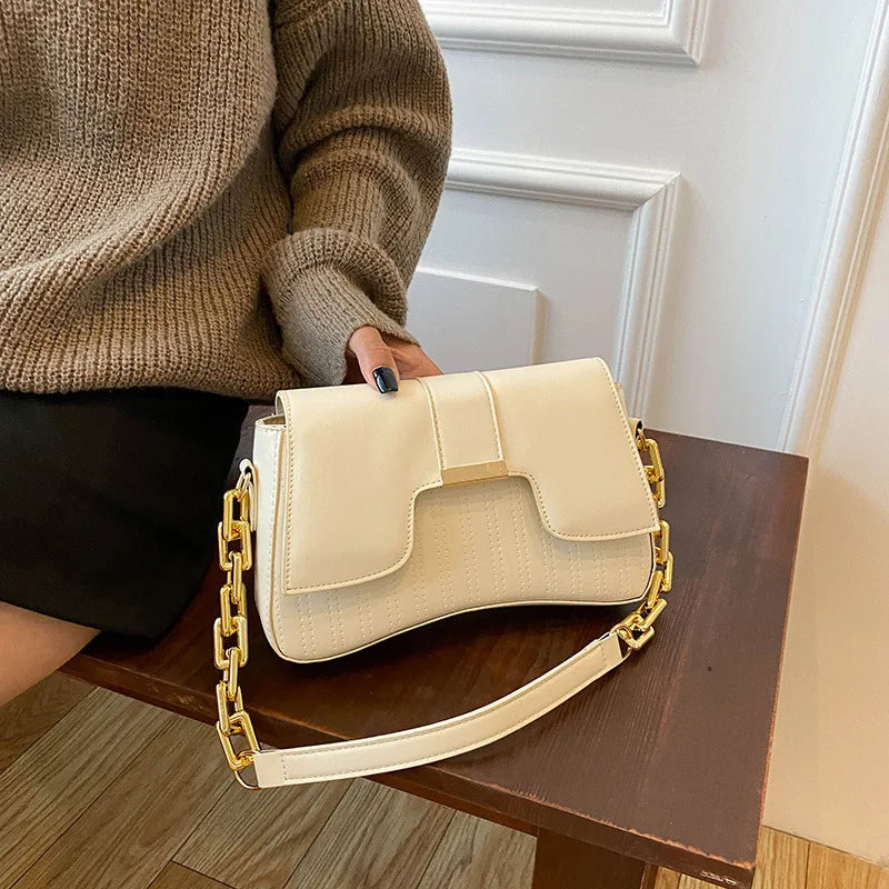 Retro Women's Chain Underarm Bag Square PU Leather Handbags