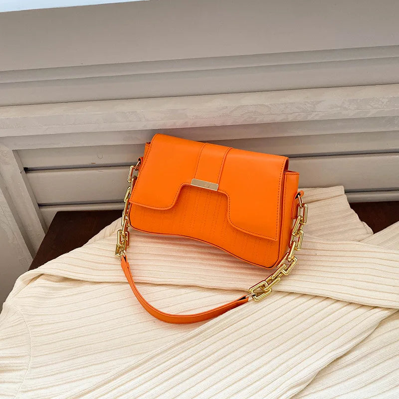 Retro Women's Chain Underarm Bag Square PU Leather Handbags