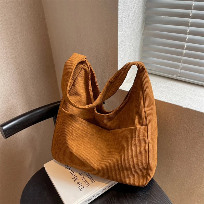 Corduroy Canvas Shoulder Tote Bag for Women Casual Female Armpit Bag