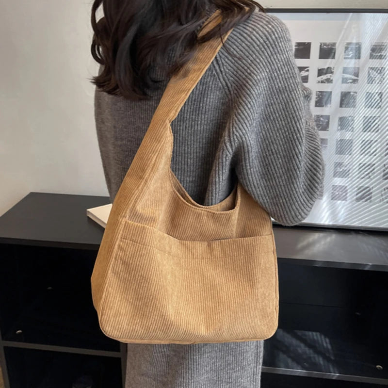 Corduroy Canvas Shoulder Tote Bag For Women Hasp Handbag Female Armpit Bag