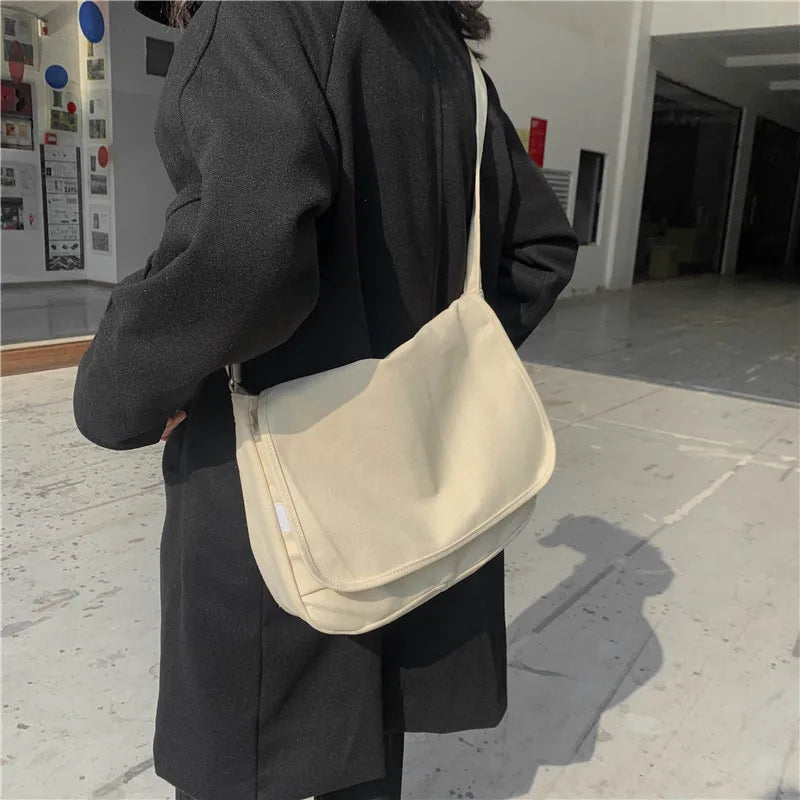 Solid Canvas Women's Shoulder Bag Crossbody Young Student School Bookbag