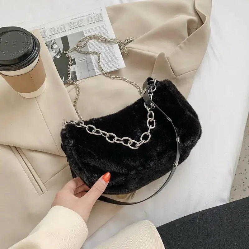 Winter Plush Women Small Shoulder Bags with Chain - Faux Fur Tote Handbag