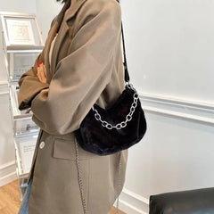 Winter Plush Women Small Shoulder Bags with Chain - Faux Fur Tote Handbag