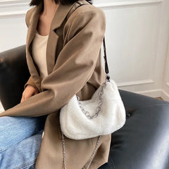 Winter Plush Women Small Shoulder Bags with Chain - Faux Fur Tote Handbag