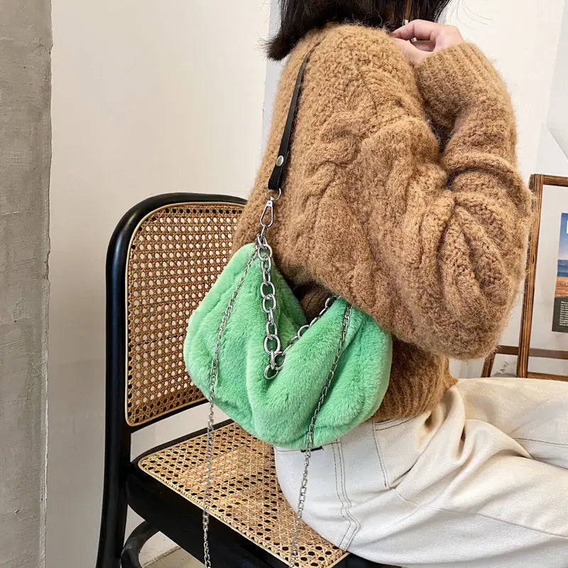 Winter Plush Women Small Shoulder Bags with Chain - Faux Fur Tote Handbag