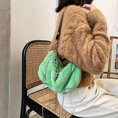 Winter Plush Women Small Shoulder Bags with Chain - Faux Fur Tote Handbag