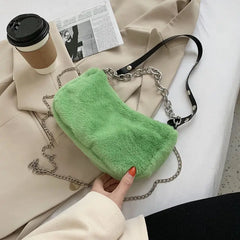 Winter Plush Women Small Shoulder Bags with Chain - Faux Fur Tote Handbag