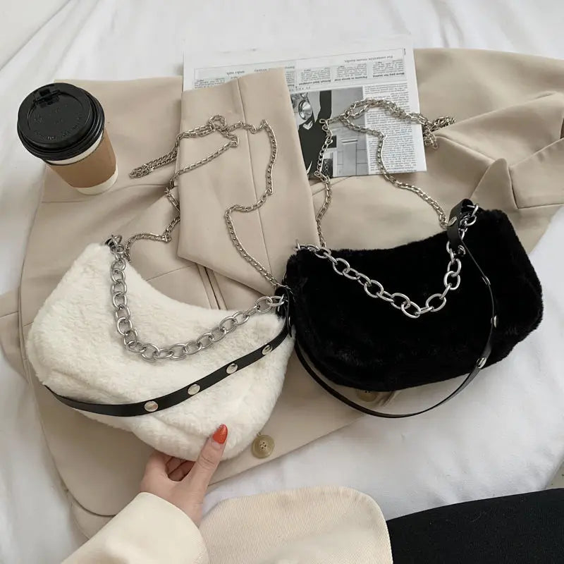 Winter Plush Women Small Shoulder Bags with Chain - Faux Fur Tote Handbag