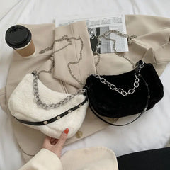 Winter Plush Women Small Shoulder Bags with Chain - Faux Fur Tote Handbag