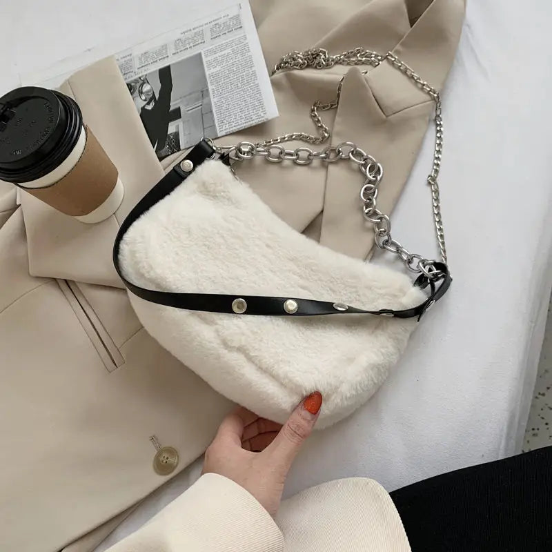 Winter Plush Women Small Shoulder Bags with Chain - Faux Fur Tote Handbag