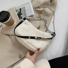 Winter Plush Women Small Shoulder Bags with Chain - Faux Fur Tote Handbag