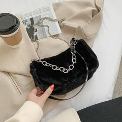Winter Plush Women Small Shoulder Bags with Chain - Faux Fur Tote Handbag
