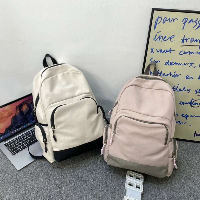 Solid Canvas Backpack Inclined Zipper Travel Bag Large Schoolbag