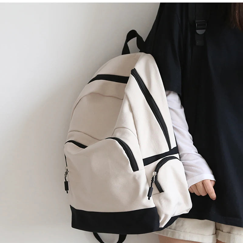 Solid Canvas Backpack Inclined Zipper Travel Bag Large Schoolbag
