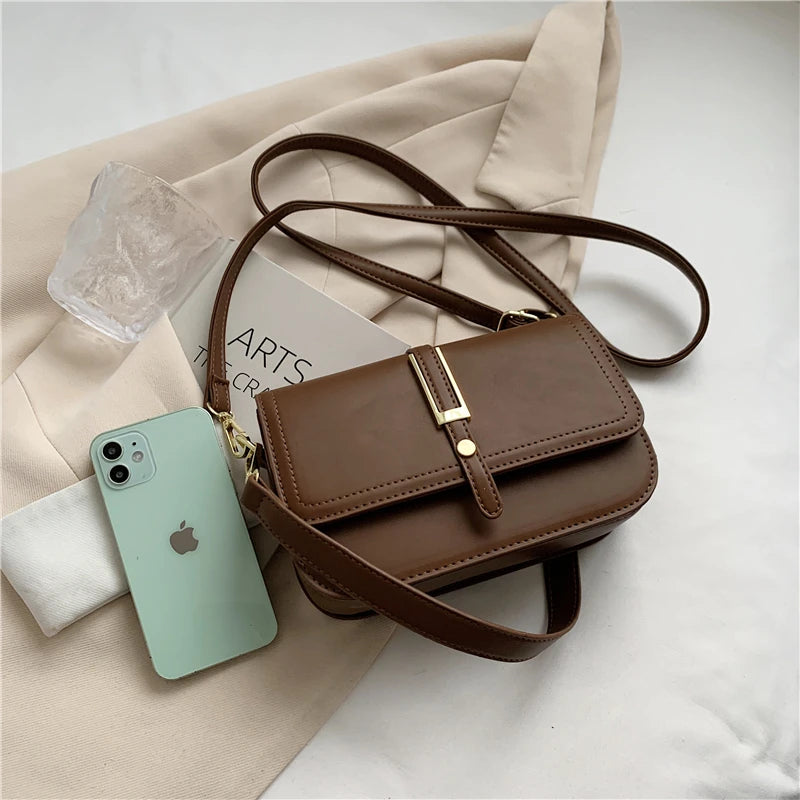 Vintage High Woman Leather Shoulder Bag Flap Crossbody Handbag