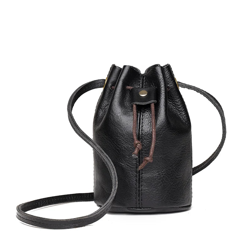 Solid Oil Wax Leather Bucket Bag Draw Cord Women Shoulder Crossbody Bags