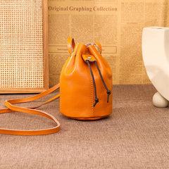 Solid Oil Wax Leather Bucket Bag Draw Cord Women Shoulder Crossbody Bags