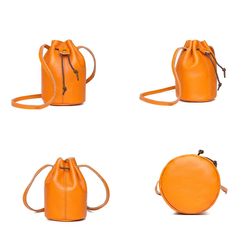 Solid Oil Wax Leather Bucket Bag Draw Cord Women Shoulder Crossbody Bags