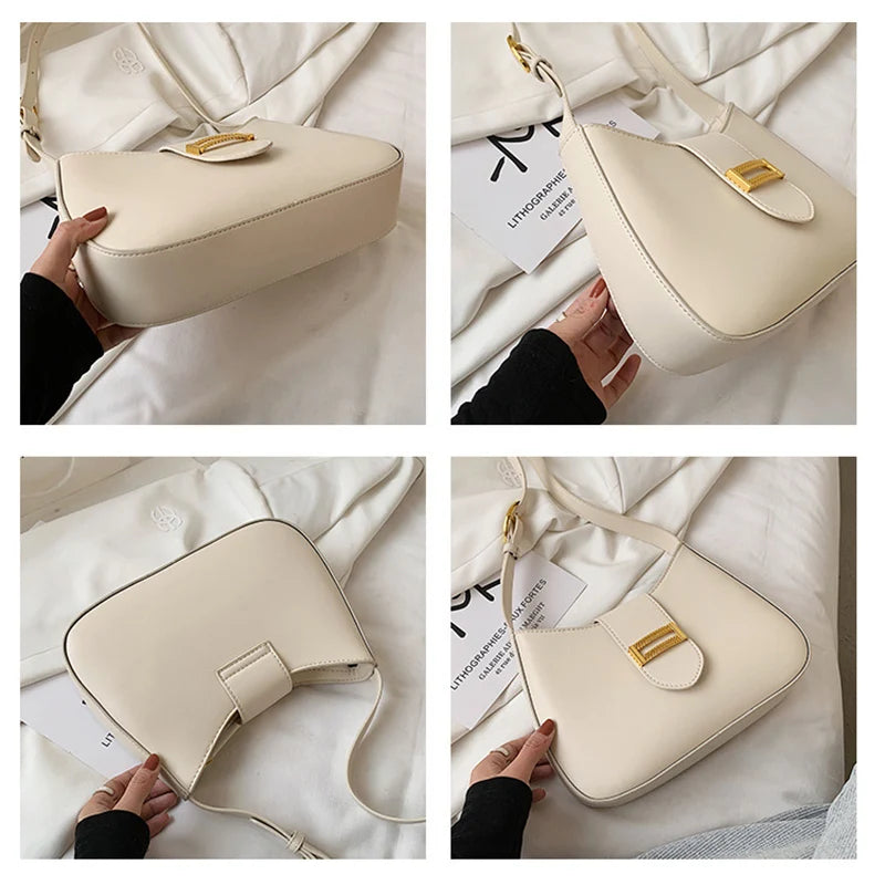 Solid PU Leather Shoulder Bags For Women Lock Handbags Small Travel Hand Bag