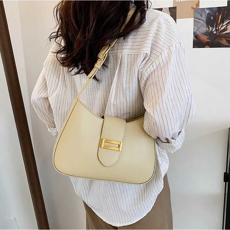 Solid PU Leather Shoulder Bags For Women Lock Handbags Small Travel Hand Bag