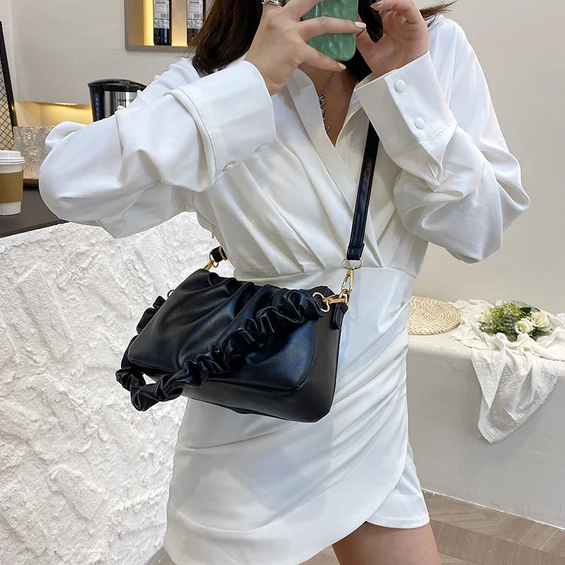 Solid Pleated Tote Bag Soft Leather Women's Handbag Travel Shoulder Armpit Bag