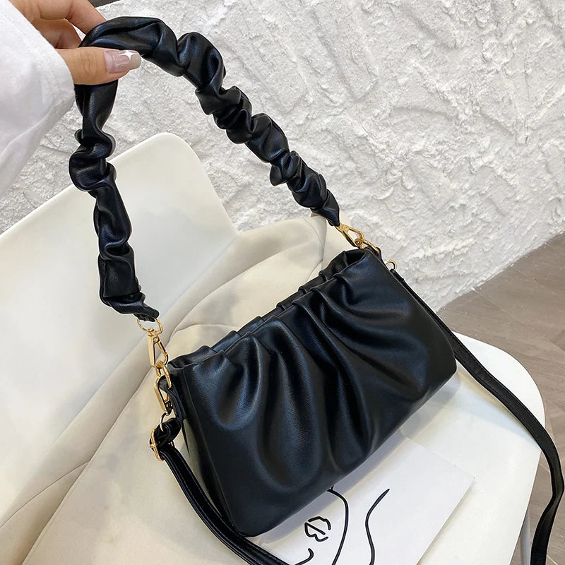 Solid Pleated Tote Bag Soft Leather Women's Handbag Travel Shoulder Armpit Bag