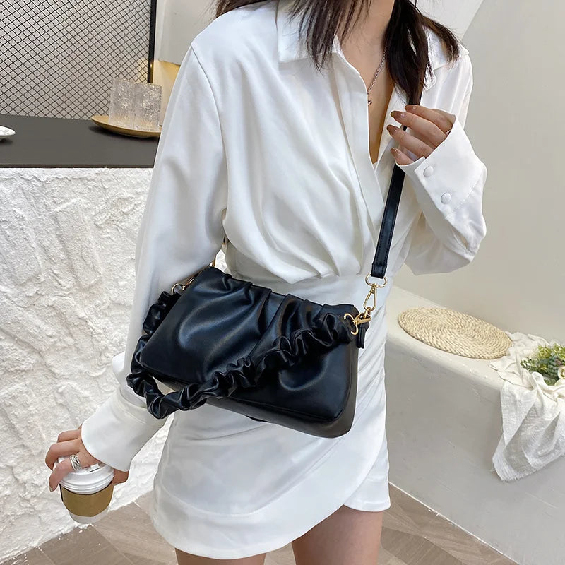 Solid Pleated Tote Bag Soft Leather Women's Handbag Travel Shoulder Armpit Bag