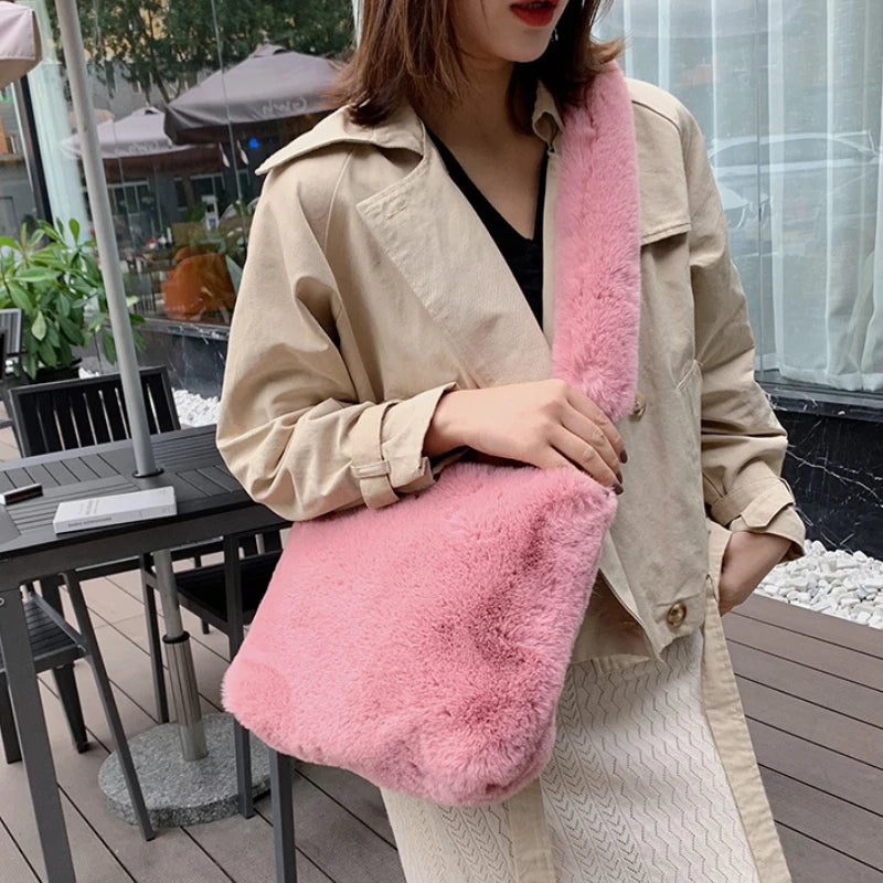 Plush Women Square Shoulder Bag Faux Fur Handbags Casual Tote