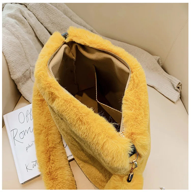 Plush Women Square Shoulder Bag Faux Fur Handbags Casual Tote