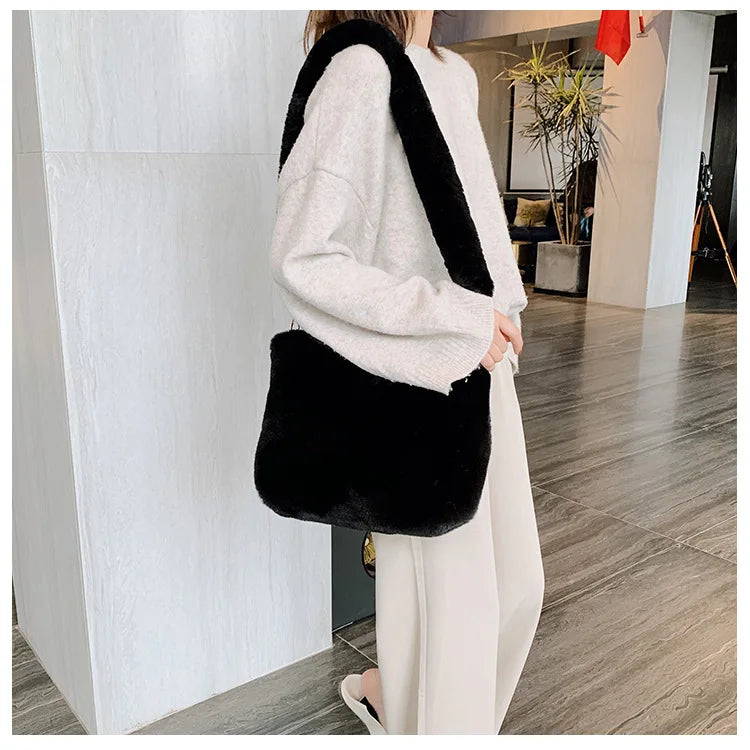 Plush Women Square Shoulder Bag Faux Fur Handbags Casual Tote