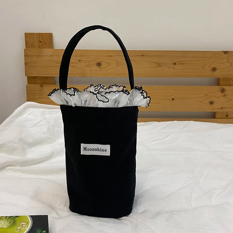 Solid Women Canvas Bucket Bag Lace Portable Phone Pouch Clutch Purse Handbag