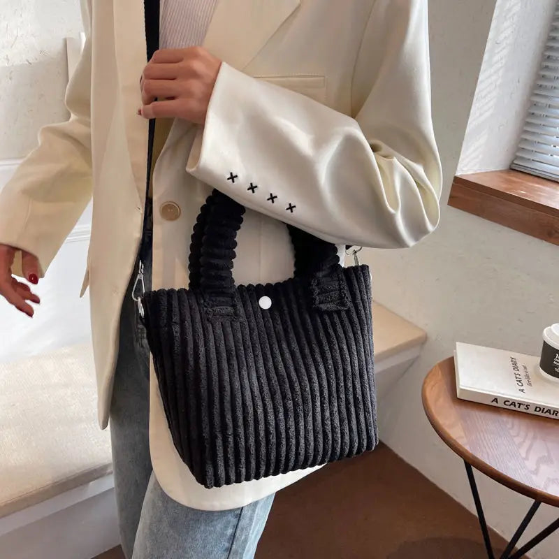 Solid Corduroy Shoulder Bag Small Tote Purse Handbags Retro Ladies Crossbody