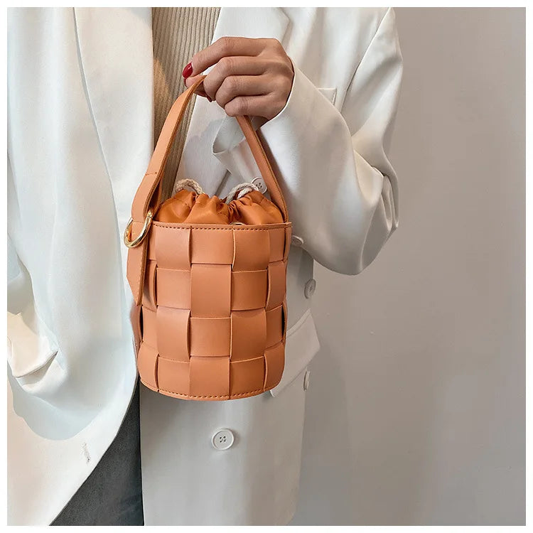 Solid Woven Bucket Bag Handbag Retro Messenger Bag