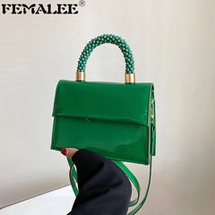 Vintage Patent Leather Shoulder Bag with Beading Handle