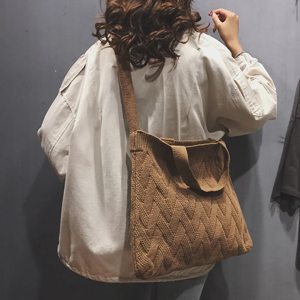 Retro Knitted Shoulder Bag Large Capacity Handbag for Autumn Winter Women