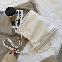 Large Capacity Tote Bag Drawstring Shoulder Handbag Retro Ladies