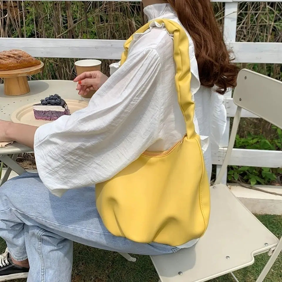 Solid PU Leather Shoulder Bags Women Underarm Pleated Zipper Travel Date