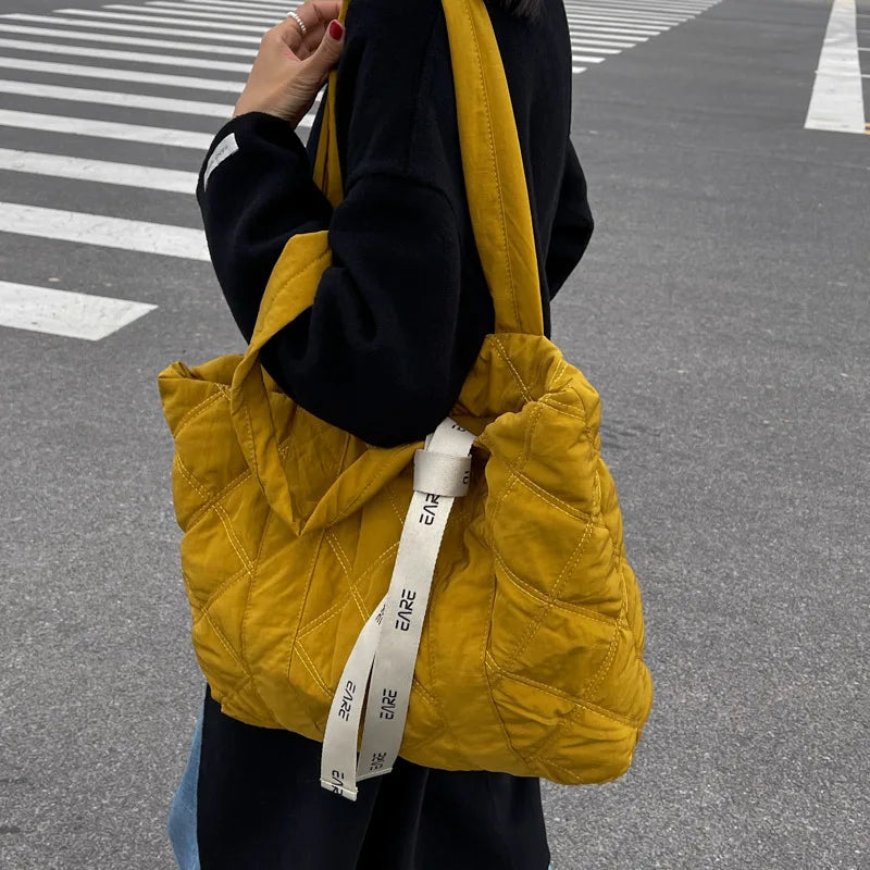 Quilted Shopper Bag Padded Short Handle Totes Big Women Handbags