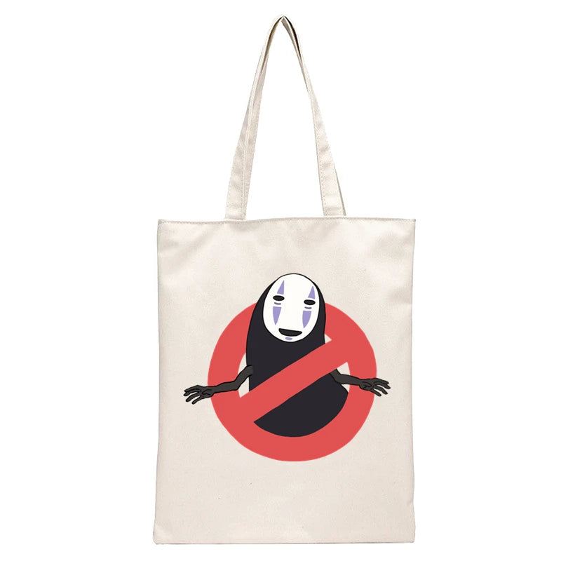 Spirited Away Faceless Print Reusable Shopping Bag Women Canvas Tote Bags