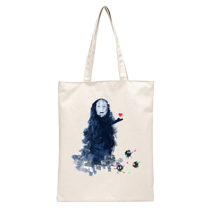 Spirited Away Faceless Print Reusable Shopping Bag Women Canvas Tote Bags