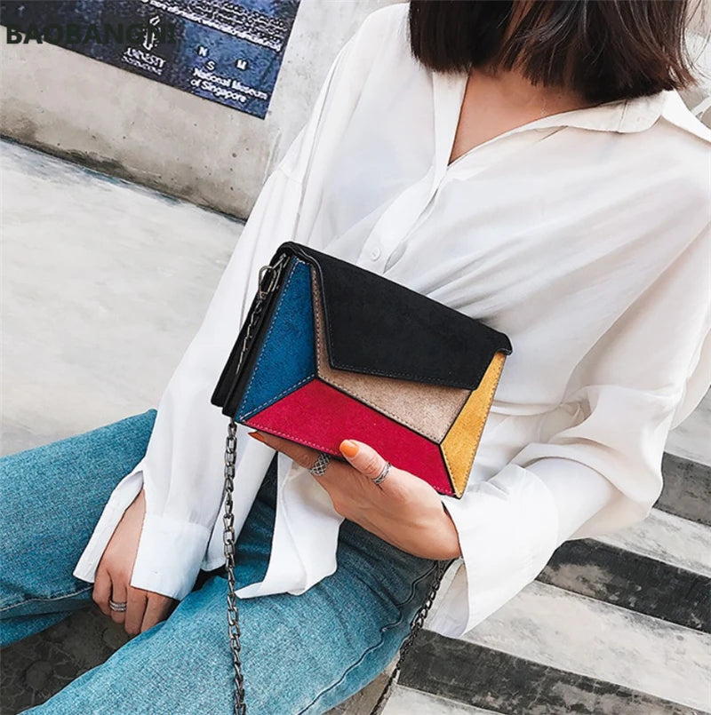Matte Patchwork Crossbody Bag Women Chain Flap Handbag Small Square Bag