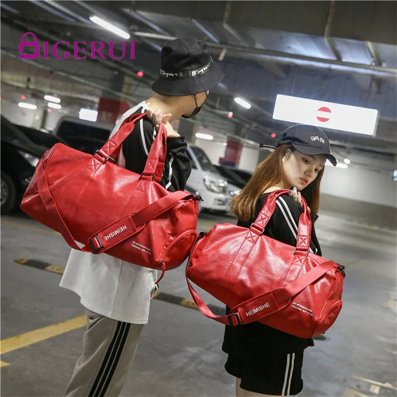 Leather Sport Bag Gym Bag with Shoe Compartment for Women Men