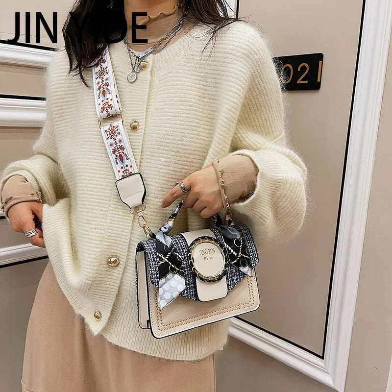 Spring Women's Bag PU Leather Ribbons Ladies Handbags Wide Strap Crossbody Bags