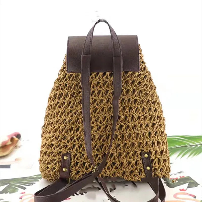Women's Stitched Leather Backpack Woven Solid Beach Handbag