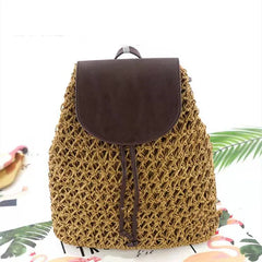 Women's Stitched Leather Backpack Woven Solid Beach Handbag