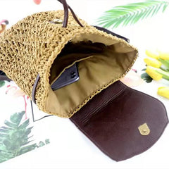 Women's Stitched Leather Backpack Woven Solid Beach Handbag