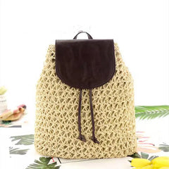 Women's Stitched Leather Backpack Woven Solid Beach Handbag