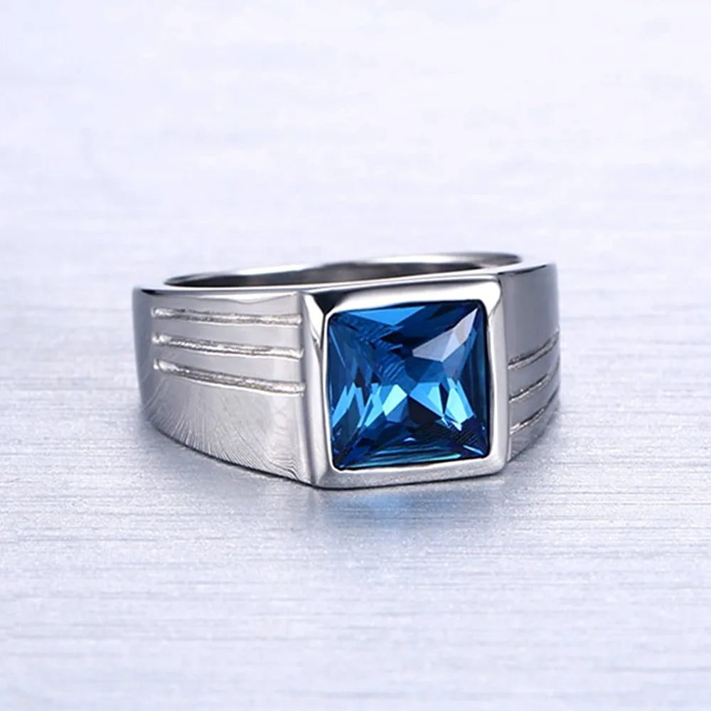 Square Aquamarine Gemstone Men's Ring Stainless Steel Diamond Jewelry