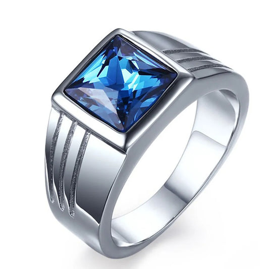 Square Aquamarine Gemstone Men's Ring Stainless Steel Diamond Jewelry
